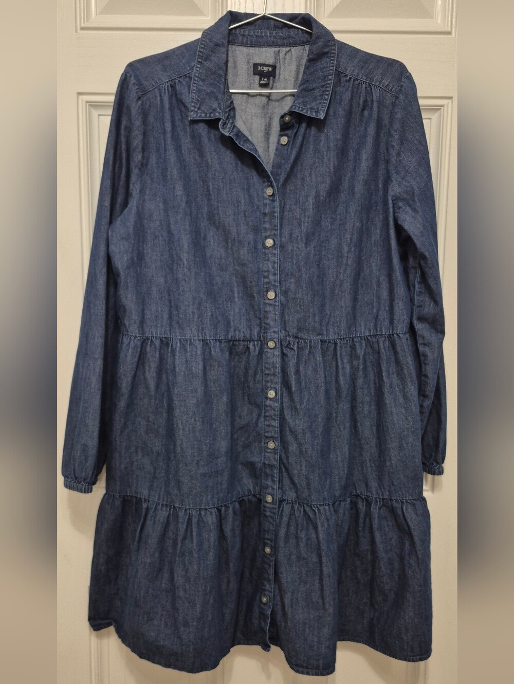 J. Crew Dark Blue Denim Tiered Long-Sleeve Shirt Dress